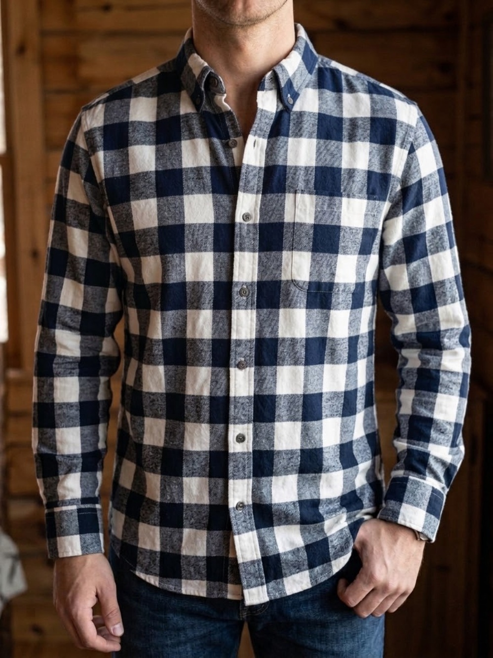 St. John's Bay Navy and White Buffalo Check Button-Down Shirt 0321